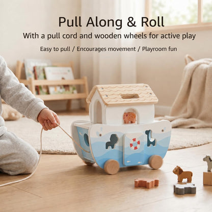 Thirrni Wooden Noah’s Ark Toy for Toddlers 1-3, Montessori Animal Shape Sorter with 8 Pairs of Animals, Noah Figures, Rainbow, Ladder and Lacing Rope, Baptism Birthday Christian Gift for Boys Girls