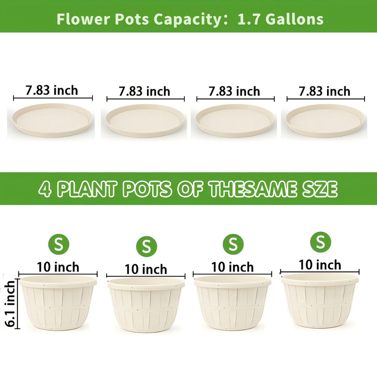 Quarut 10 inch Plastic Flower Pots for Indoor Plants，4 Pack Large Outdoor Planter Pot with Drainage Holes & Saucers，Imitation Wine Barrel Design，for Indoor Outdoor Garden Plants（White）