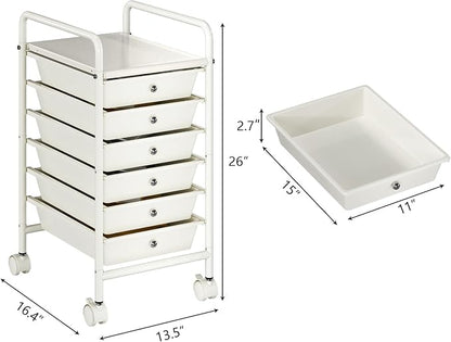 6-Tier Utility Cart with 6 Drawers, Rolling Utility Cart with 2 Lockable Caster Wheels, Multipurpose Mobile Rolling Drawer Cart for Office Bathroom Kitchen, Ivory White
