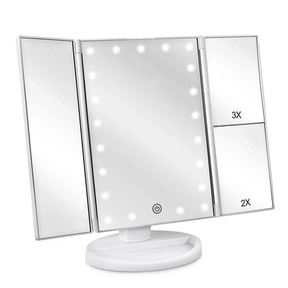 deweisn Dresser Mount Tri-Fold Lighted Vanity Mirror with 21 LED Lights, Touch Screen and 3X/2X/1X Magnification, Two Power Supply Modes Make Up Mirror,Travel Mirror