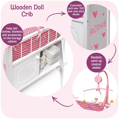 Badger Basket Wooden Toy Doll Bed with Storage, Mobile, and Bedding - Includes Wheels and Free Personalization Kit to Pretend and Play - White with Pink Chevron Fabric