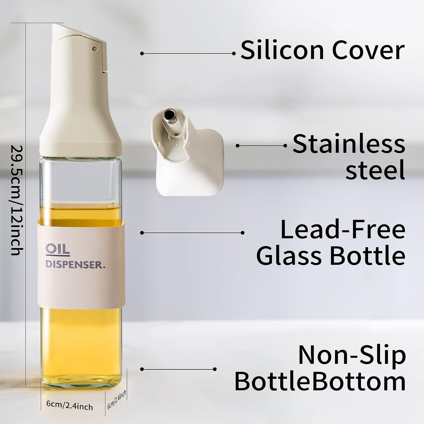 stackbear Olive Oil Dispenser for Cooking - 16oz Leakproof Glass Oil Dispenser Bottle with Gravity Spout, Air Fryer, BBQ, Healthy Salad & Non-Stick Pans, BPA-Free, Easy to Refill and Use, Light Grey