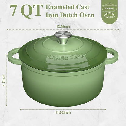 Umite Chef Enameled Cast Iron Dutch Oven-7QT Pot with Lid Cookbook & Cotton, Heavy-Duty Cookware for for Bread Baking, Braising, Stews, Marinate, Cook(Sage Green)