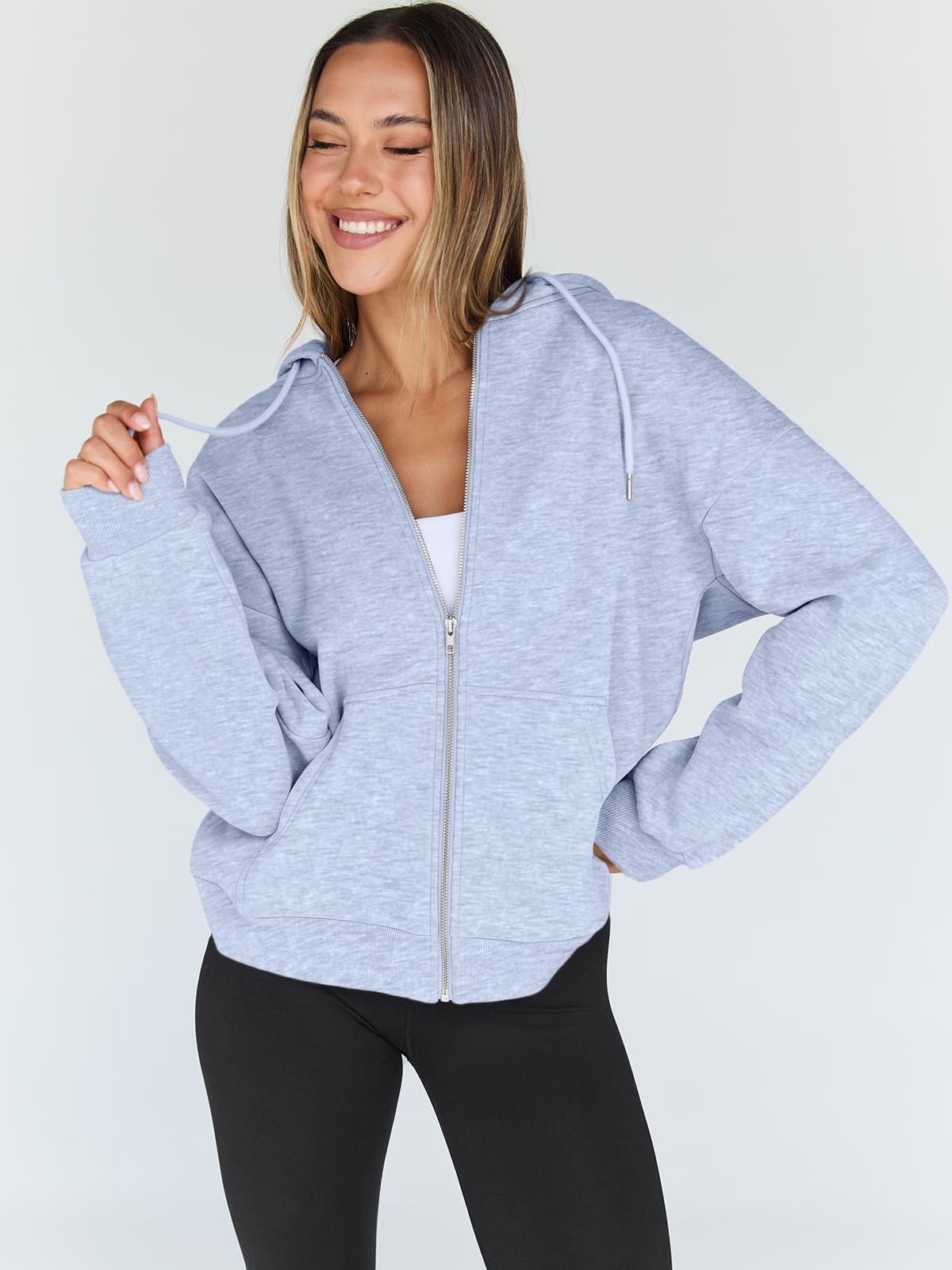 Trendy Queen Womens Zip Up Hoodies Oversized Sweatshirts Fall School Fashion Outfits Casual Jackets 2025 Winter Clothes Grey M