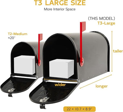 BlissBoard Large Mailboxes for Outside, Black Galvanized Steel Post Mount Mailboxes, Rust-Resistant Large Capacity Metal Mail Boxes for House Outside, 22 x 10.7 x 8.9 inches