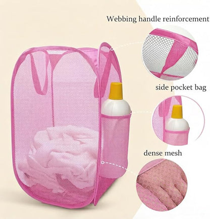 The upgraded pop-up laundry basket features a breathable side pocket mesh design