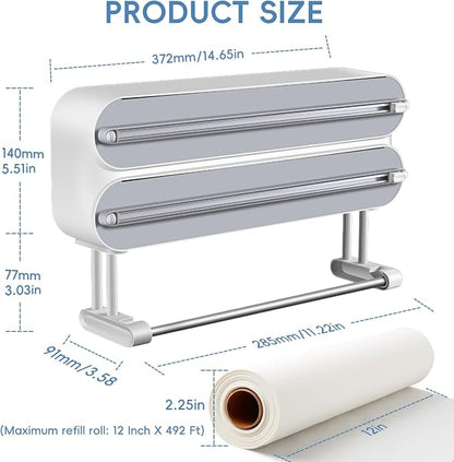 Magnetic Plastic Wrap Dispenser with Cutter,3 in 1 Aluminum Foil and Plastic wrap Organizer with Paper,Wall Mount Kitchen Wrap Dispenser - Fits 12" Roll, White (Wooden)