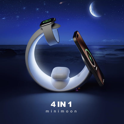 4-in-1 Wireless Charger Station with RGB Night Light, Compatible with iPhone, Apple Watch, and AirPods, Moon Shape Desktop Stand