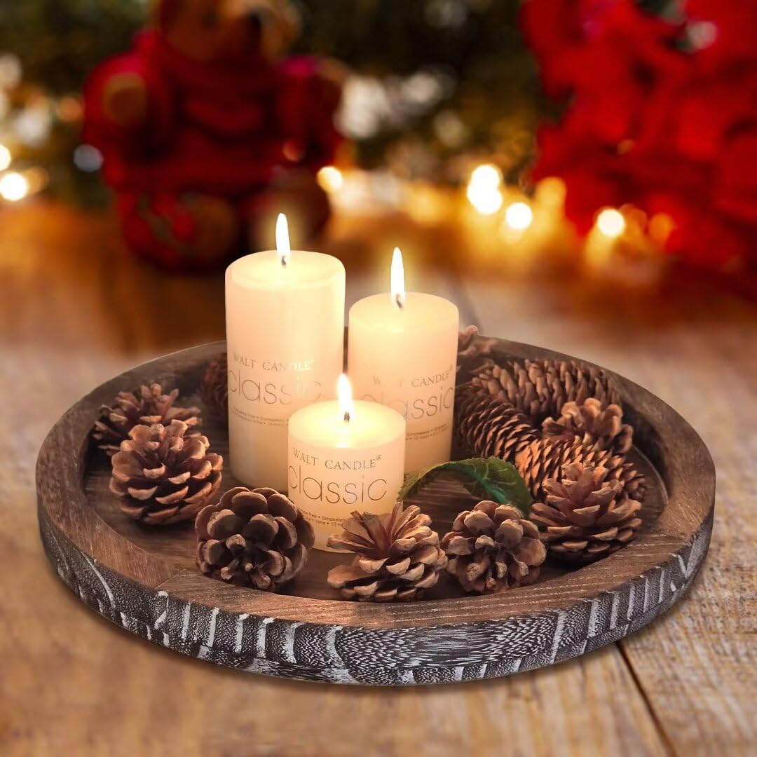 Round Decorative Wooden Serving Trays for Ottoman Coffee Table Tray Farmhouse Kitchen Home Decor Accents Circle Circular Wood Decorations Trays Rustic Dining Table Centerpiece Candle Holder Tray