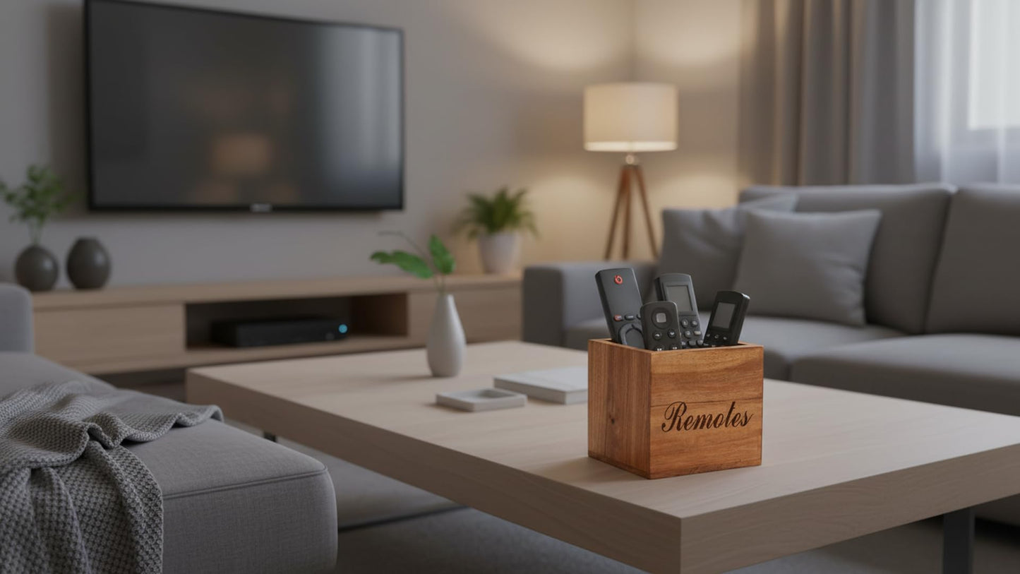 Handcrafted Wooden Remote Control Holder Organizer Stand For Bedside Table Desk Recliner Couch Remotes Handy Space Saving Home Media Organizer Remote Caddy Rack For TV Housewarming Gift Idea