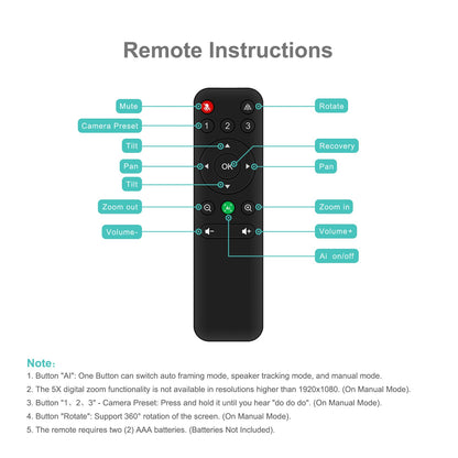 RayBit 4K Pro Audio and Video Conference Room Camera with Remote Control for Windows TV, AI-Powered HD Webcam with Microphone & Speaker for Desktop Computer/PC/Monitor/Laptop/Teams/Zoom/Skype