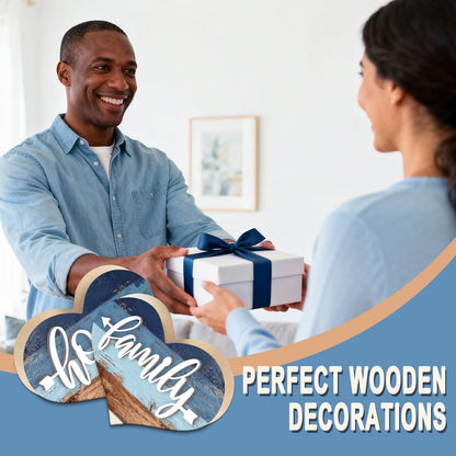 DOODLREAM 1 Pair Wooden Hearts Table Decor, Home Family 6.2 x 5.9 x 0.47 inch Wooden Sign for Desk, Rustic Blue Centerpiece Tabletop Decorations for Home, Wood Desk Sign