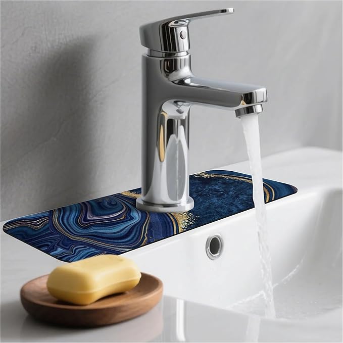 Kitchen Sink Splash Guard，Dark blue gold marble Faucet Mat Sink Gadgets-Super