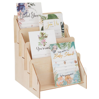 MegoSage 4-Tier Wooden Sticker Display Stand,Tiered Display Stand, Sticker Organizer Rack for Stickers, Greeting Cards, Postcards, Brochures, Photos & Jewelry, for Retail Counters and Vendor Events