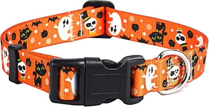 Mihqy Halloween Dog Collar - Pumpkin Bat Ghost Pattern - Adjustable for Small Medium Large Dogs(Halloween,M)