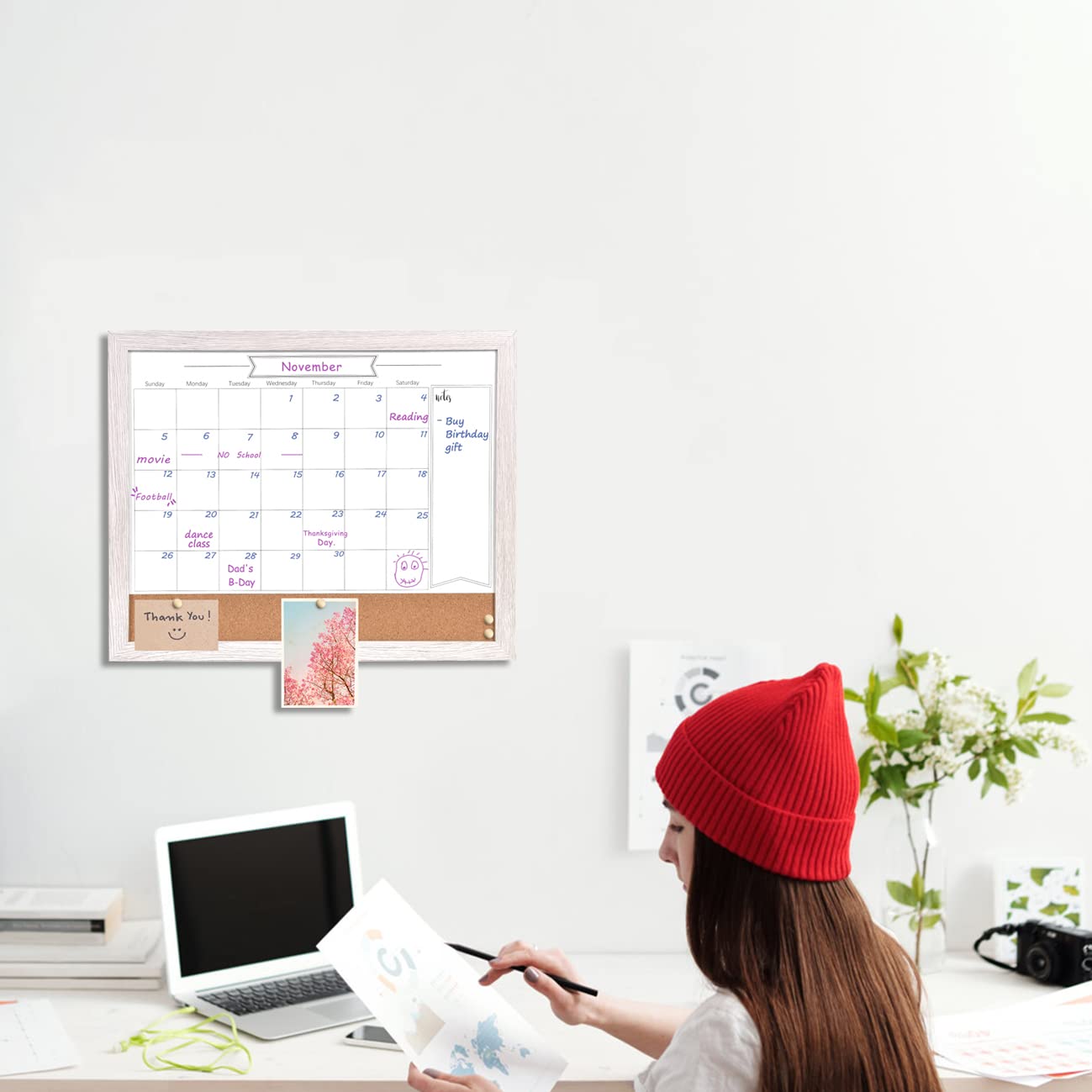 TORASO Whiteboard Calendar & Corkboard, Small Combination Dry Erase White Board & Bulletin Board, 13" x 17", White Wood Framed Calendar/Cork Combo Board(ZHYL-WH-3343)