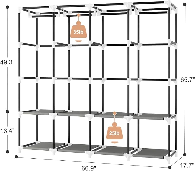 Portable Closet for Hanging Clothes, 67 Inch Wide Portable Wardrobe Closet with Cover, 4 Hanging Rod, Storage Shelves and Side Pockets, Large Free Standing Closet for Bedroom, Grey