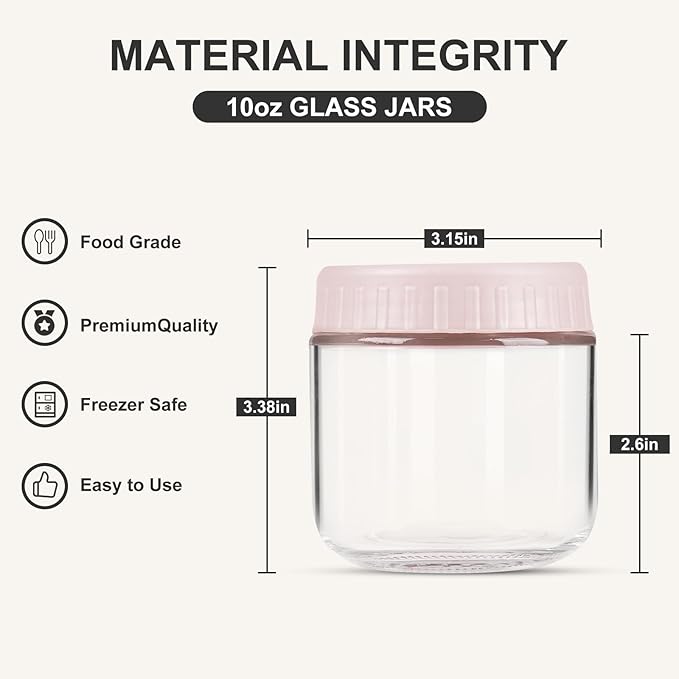 SHOWIN Overnight Oats Containers with Lids, 10oz Glass Jars with Lids 4 pcs, Wide Mouth Mason jars for Salad, Yogurt, Snacks, Meal Prep