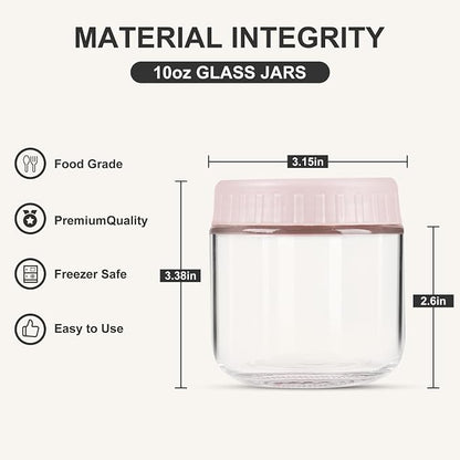SHOWIN Overnight Oats Containers with Lids, 10oz Glass Jars with Lids 8 pcs, Pink, Wide Mouth Mason jars for Salad, Yogurt, Snacks, Meal Prep