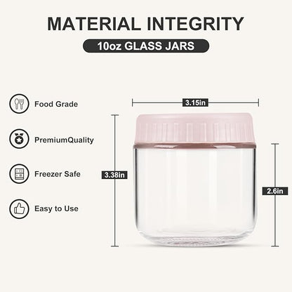 SHOWIN Overnight Oats Containers with Lids, 10oz Glass Jars with Lids 4 pcs, Pink, Wide Mouth Mason jars for Salad, Yogurt, Snacks, Meal Prep