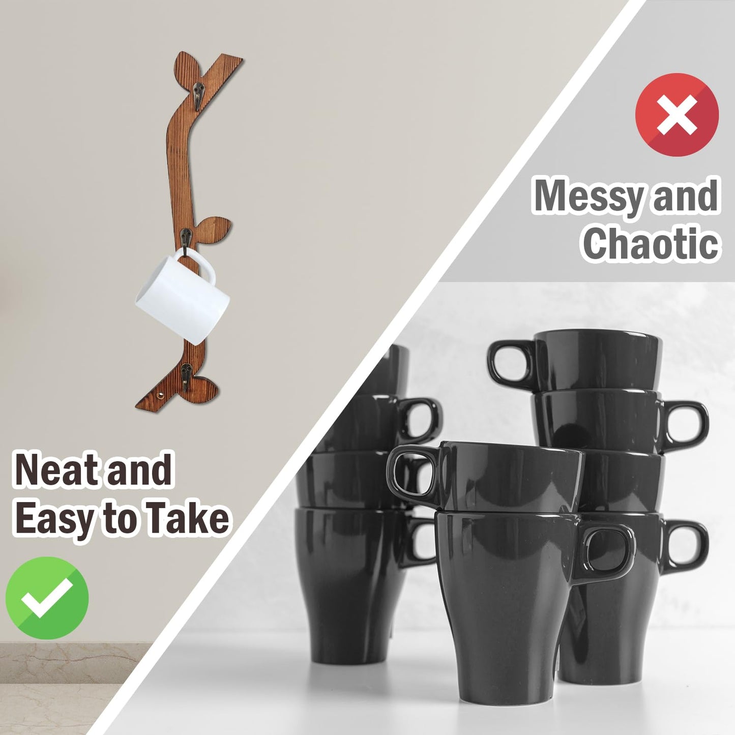 MSHUNKEJI 3 Pack Wood Coffee Mug Wall Rack with 9 Hooks Wall Mount Coffee Cup Holder Wooden Espresso Cup Holder Tree Brown Mug Stand Display Wall Mounted Cup Drying Rack for Kitchen Cafe