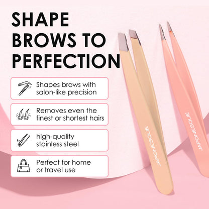 Japonesque Mini Tweezers 2 Pack – Precision Eyebrow Plucking Tool with Slant Tip and Point Tip Tweezer, Stainless Steel Hair Removal for Home and Travel
