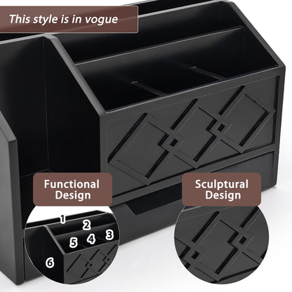 UUyuality Black Wooden Mail Organizer with Drawer, Three Tiered Desk Accessories for Office Organization and Storage, Stylish Countertop Document Storage, Home/Office/Classroom Supplies (Black02)