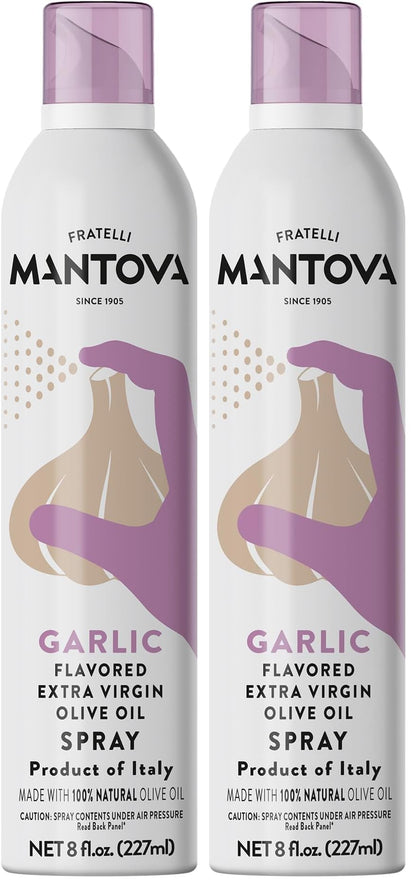 Mantova Extra Virgin Olive Oil Spray Garlic Flavored 8 oz. Spray Bottle - Manage Oil Amount - Great For Salads & Cooking