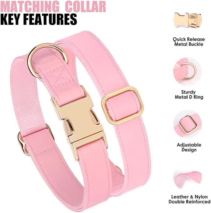 PET ARTIST Soft PU Leather Dog Collar and Leash Set, Bright & Stylish 5FT PU Leather Leash and Collar Set, Durable Pet Collars with Quick Release Metal Buckle for Medium Dogs,Pink,M(13-19")