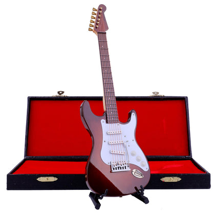 Dselvgvu Wooden Miniature Electric Guitar with Stand and Case Mini Musical Instrument Electric Guitar Replica Collectible Figurines Model Home Decoration Display Ornament (Brown, 9.45"x3.03"x0.63")