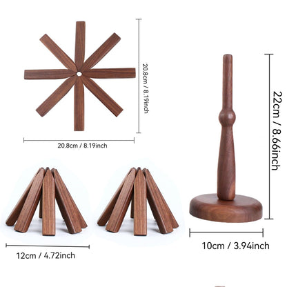 Wooden Tree Trivets for Hot Dishes, Tree Coasters Set for Hot Pot, Bowl, Teapot – 3 Wood Trivets + 1 Stand (Black Walnut, Color Box)