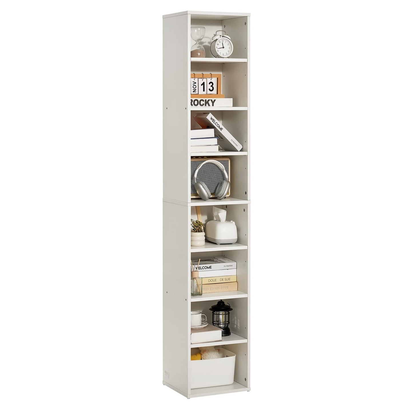 VEVOR 8 Tiers Narrow Bookshelf, 71 in Wooden Tall Open Bookcase with Height-Adjustable Shelf, Freestanding Display Storage Floor Bookcase Bookshelf for Library, Bedroom, Living Room, Office, White