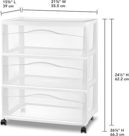 Sterilite 2-Pack Wide 3-Drawer Cart, Storage Closet Organizer with Wheels, White - Plastic Drawers and Containers for Bedroom, Cabinet, Clothes, Dresser, and Kitchen Pantry Organization
