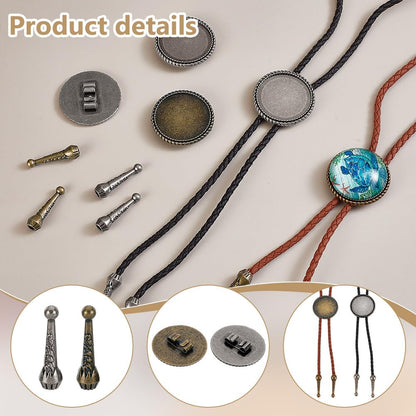AHANDMAKER 2 Colors Bolo Tie Making Kits, 16pcs 1.28Inch Long Alloy Bolo Tie Tips Replacement End Caps, 8pcs Bolo Tie Slide Clasp Cabochon Settings, Bolo Necklace Replacement Kit for Bolo Tie Making