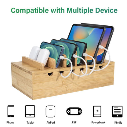 LEOKKARR Bamboo Charging Station for Multiple Devices, Desk Docking Stations Organizer Compatible with iPhone Devices, Wood Charging Cell Phone Holder Stand (Includes 6 Cables) (NO Power Supply)