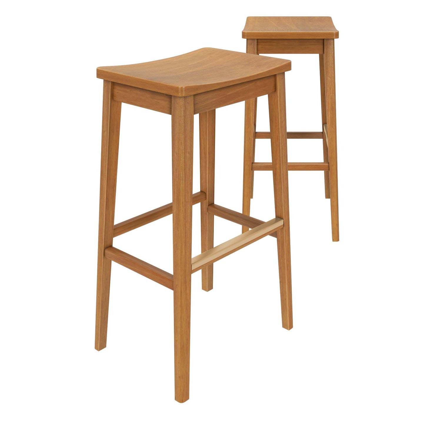 Plank+Beam Smythe Bar Stool, Set of 2, 30", Sturdy Wood Modern Kitchen Bar Height Stool, Saddle Seat Backless Bar Chair, Metal Footrest, Pecan