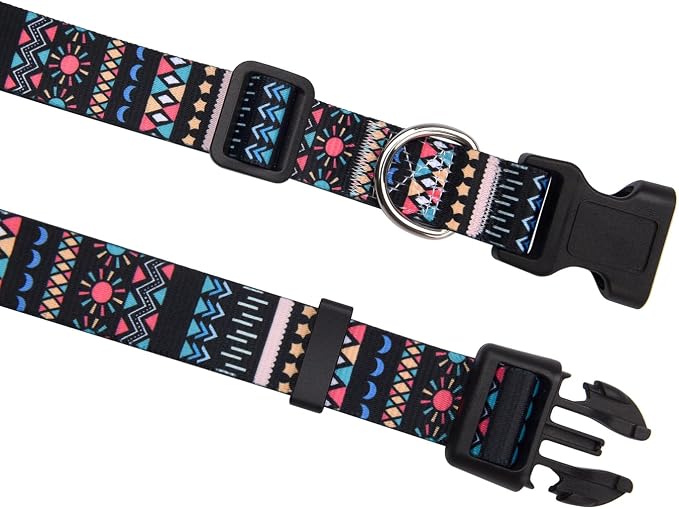 MarukoPet Dog Collar and Leash Set, Adjustable for Small Medium Large Dogs Puppy, Cute Design with Bohemia Floral Tribal Geometric Patterns Boys Girls Dog Collar(Black Bohemia Set,L)