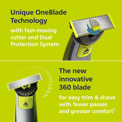 Philips Norelco OneBlade 360 Hybrid Face + Body, Electric Beard Trimmer, Shaver and Body Groomer, with 360 Blade Technology, 1x 360 Blade for Face, 5in1 Adjustable Comb, 1x Body Kit, Model QP2834/70