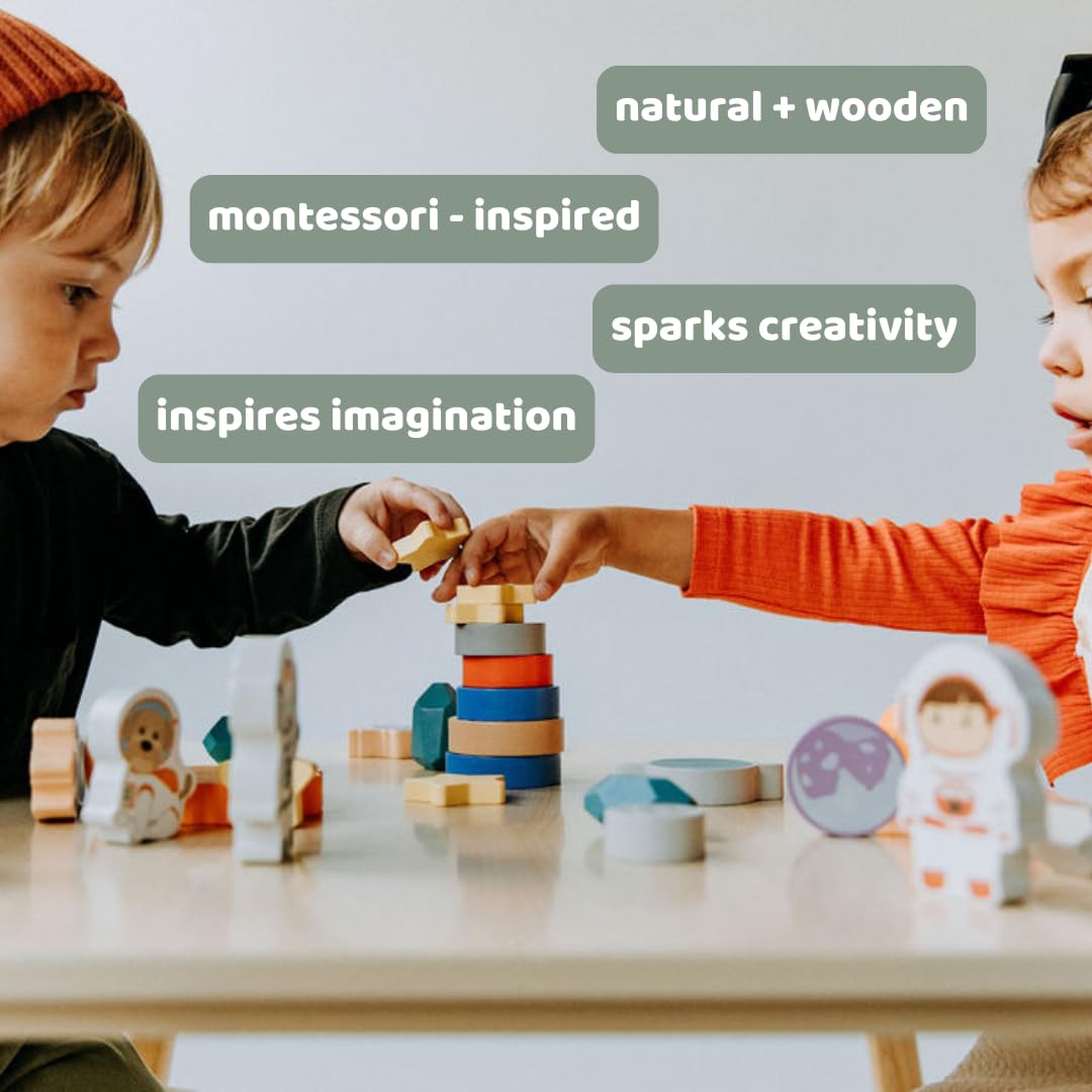 Toddler 30 Piece Stacking Wood Blocks Space Gift - Montessori 2 Year Old Fine Motor Skills Toy Learning Stacking Shape Sorter Sensory Preschool Busy Journey to the Moon (Block Set, Wood)