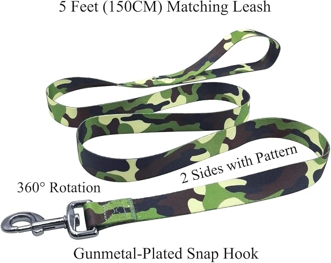 Dog Collar Leash Set, Camouflage Pattern, Polyester Material, Adjustable Collar and 5ft Matching Leash, for Medium Dogs.(M, Camo)