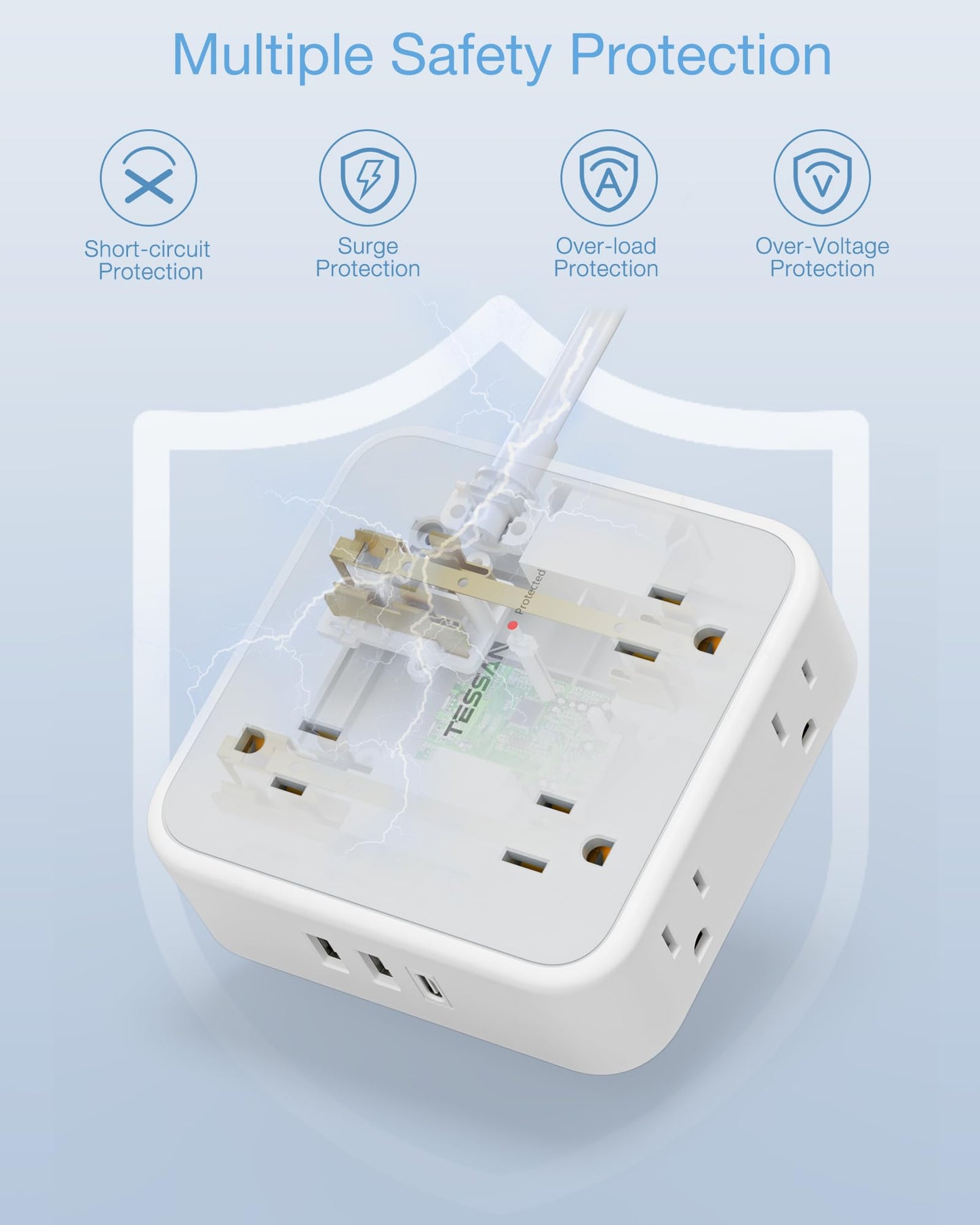 TESSAN Surge Protector Power Strip, 5 Ft Flat Plug Extension Cord with 3 USB (1 USB C) 8 Outlets, 900J Surge Protection, 3 Sided Outlet Extender with Power Switch for Office, Dorm Room Essentials