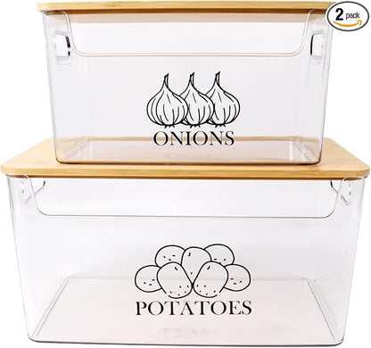 Potato & Onion Storage, Bamboo Lid, Transparent Acrylic Bin, 2 Set Stackable, Pantry & Kitchen Organizer