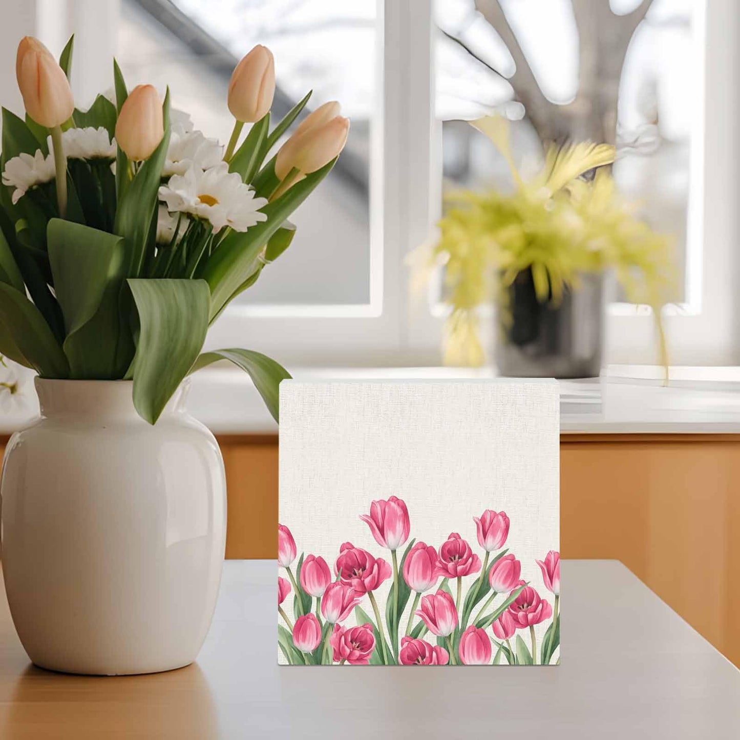 Wood Box Sign Desk Decor Rustic Spring Tulips Linen Texture Square Boxes Sign, Farmhouse Pink Flower Wooden Block Box Sign Decoration for Home Wall Tabletop Shelf Office Decor,6x6IN