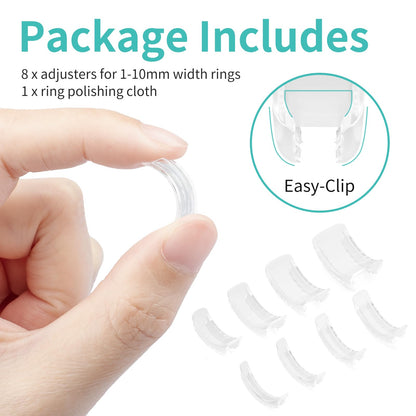 Ring Sizers for Loose Rings, 8 Pack 8 Sizes, Ring Size Adjuster, Invisible Ring Guards for Women and Men, Ring Resizer with Polishing Cloth，Fits Bands Width to 1-8mm
