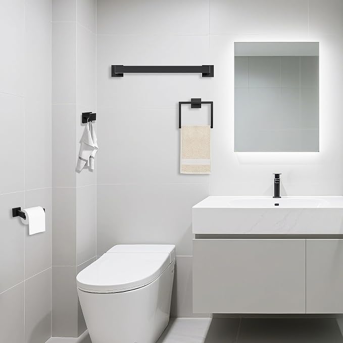 JOPOFI 10 Piece Bathroom Towel Bar Set - Thicken Stainless Steel Bath Towel Holder, 15.7 Inch Towel Racks for Bathroom Wall Mounted, Bathroom Hardware Accessories Set - Matte Black