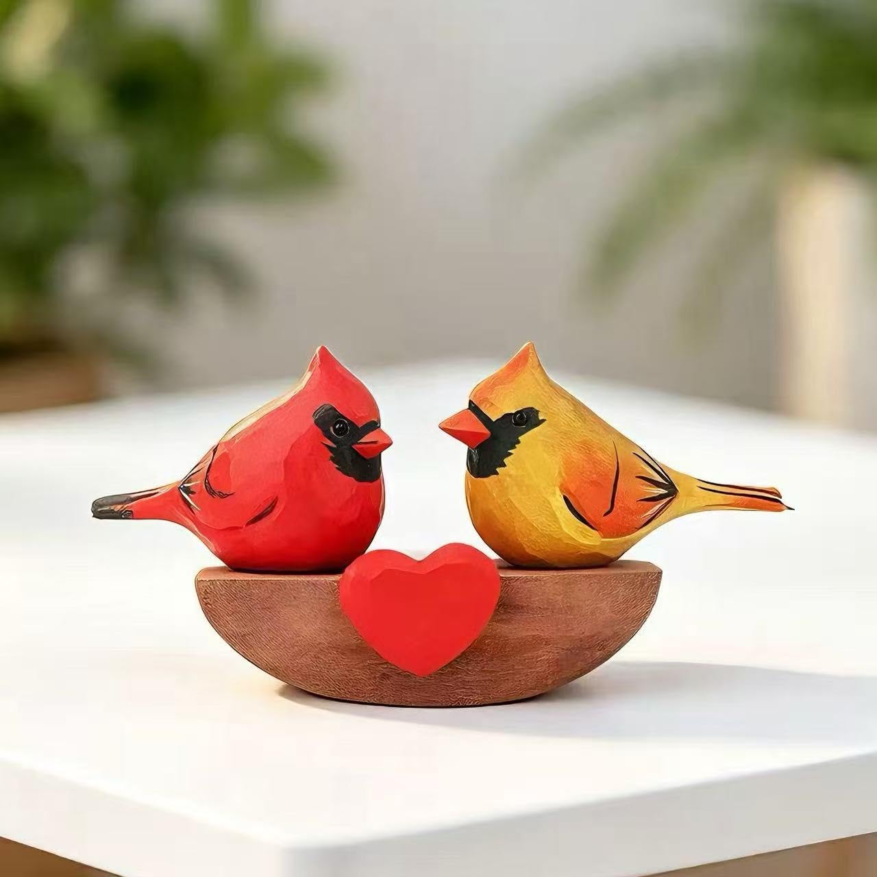 Xiyuelily Handmade Wooden Cardinal Figurines on Heart Base - Set of 3 Hand-Carved Male & Female Red Bird Statues - Romantic Couples Gift for Anniversary, Valentine's Day, Wedding & Home Decor Accents