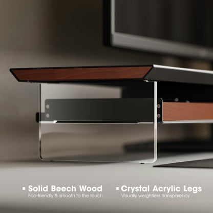 Fenge 42.5” Dual Monitor Stand Riser with 2 Felt-Lined Drawers, Aesthetic Metal and Wood Monitor Shelf with Acrylic Legs, 2-Tier Desk Organizer for 2 Monitors, Laptop, Printer, TV, Black