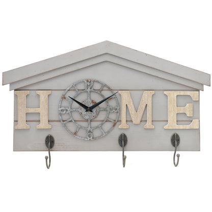 Farmhouse Battery Operated Wall Clock with Hooks Rustic Wooden Entryway Organizer with 3 Metal Hooks Key Hanger HOME letters Silent Quartz Clock Key Holder Wall Decor for Entryway Kitchen, Living Room