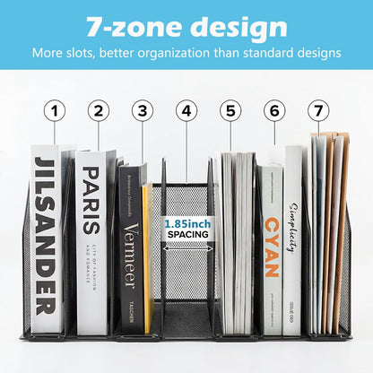 LYNCHAOXAN 7-Section Vertical Mesh File Sorter, Black Metal Desktop Document Organizer with Extra Wide Spacing, Metal Paper Holder for Home Office Classroom Desk Storage