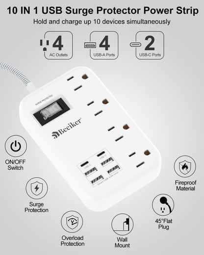 6 USB(2 USB C) Purple Travel Power Strip- 5Ft Lavender Extension Cord with 24W USB Charging Station and 4 Outlets, Purple Desk Accessories with Surge Protector for Cute Kawaii Office Dorm Room